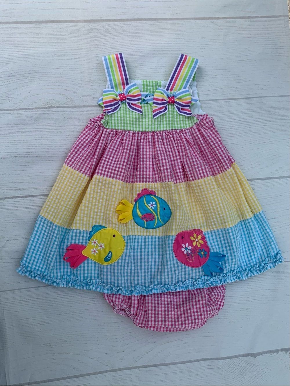 Rare Editions Girls Rainbow Gingham Seersucker Fish Dress Size 12 months